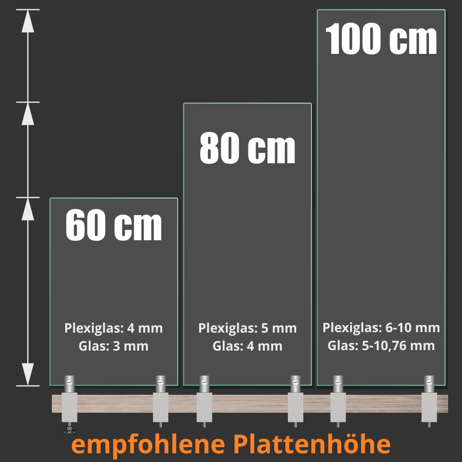 Tischklemme Spuckschutz Plexiglas abgebildete Anwendungsbeispiele mit empholenen Maßen vor dunkler Wand