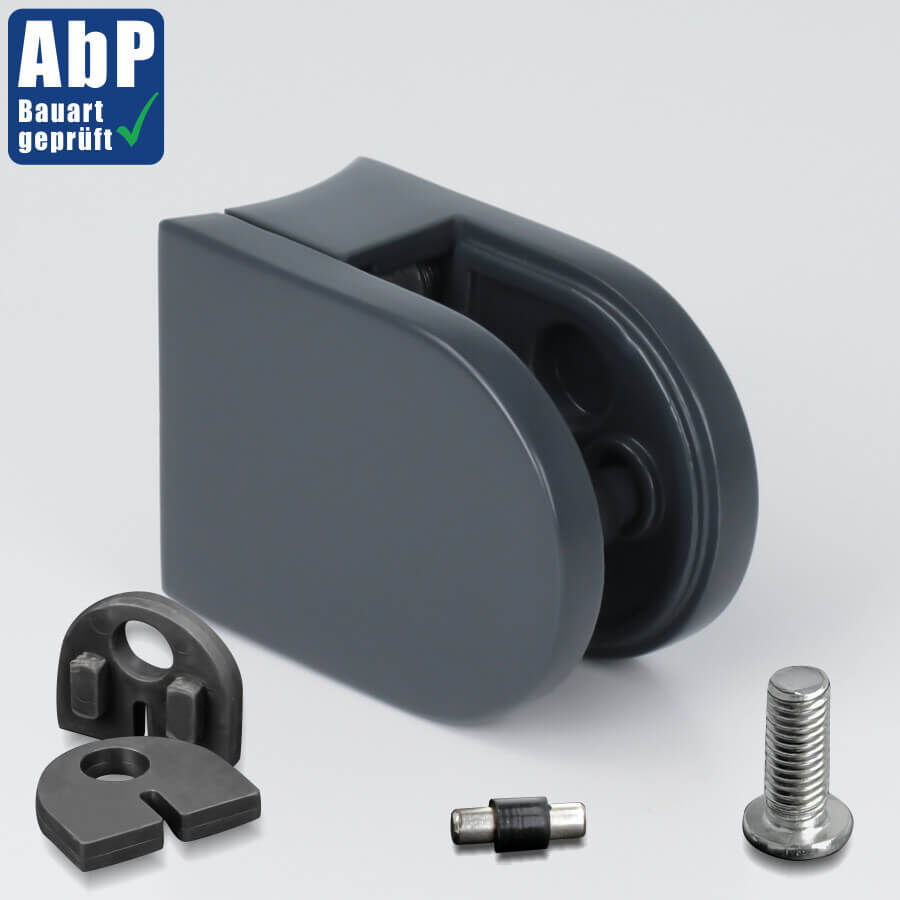 Glashalter Edelstahl V2A 50 x 40 mm anthrazit RAL7016 halbrund auf hellen Untergrund mit Zubehör
