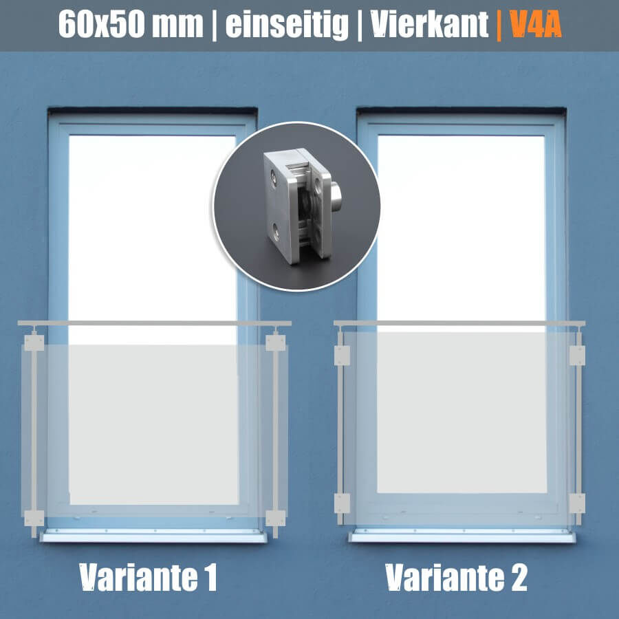Glashalter Edelstahl eckig 60 x 50 mm einseitig Montagebeispiel an verputzter Wand