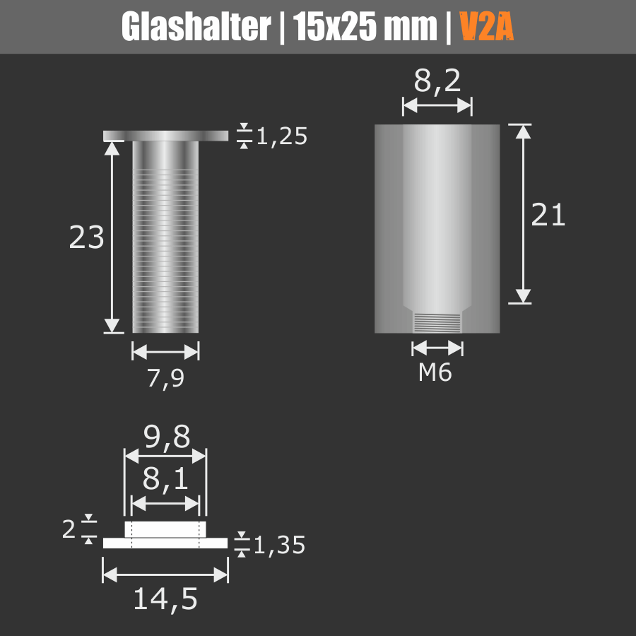Glashalter Madenschraube V2A technische Zeichnung mit Bemaßung auf dunklem Hintergrund