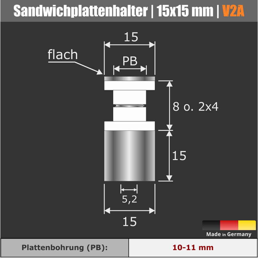 Sandwichplatten Halter schraubbar V2A Skizze mit Maßen auf dunklem Hintergrund