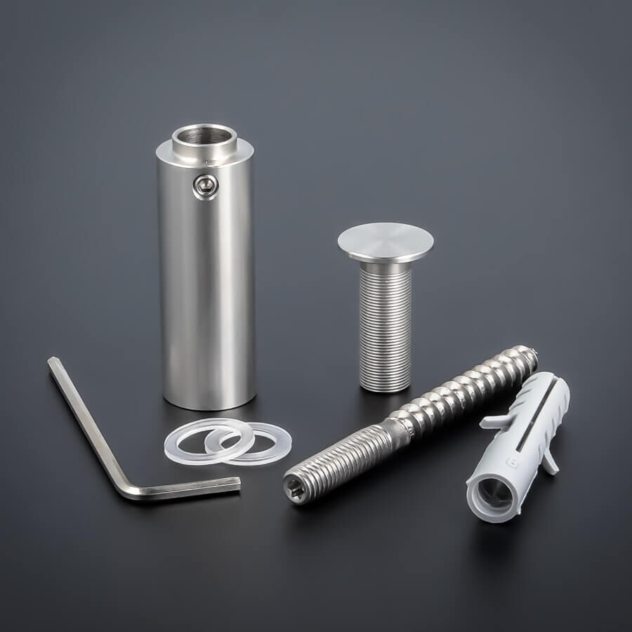 Abstandhalter Edelstahl Ø 15x40 mm Lieferumfang auf dunklem Untergrund
