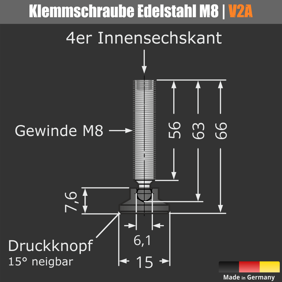 Tischklemme Edelstahl 1-50mm Spuckschutz Abtrennung Skizze und Bemaßung der Sternkopfschraube