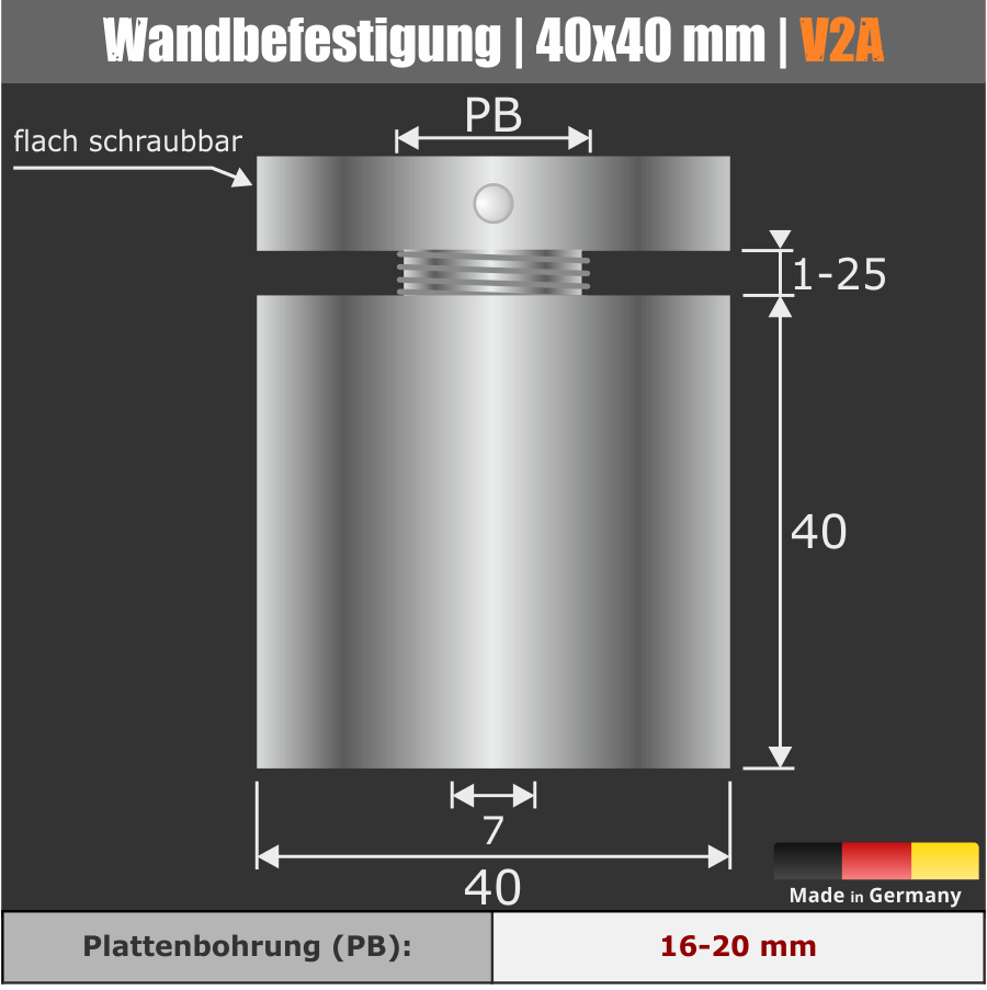 Wandbefestigung schraubbar Edelstahl VA Ø 40 mm Skizze komplett mit Abmessungen mit schwarzen Hintergrund