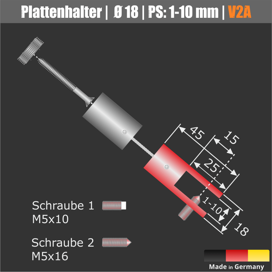 Plattenhalter für Seilmontage Edelstahl Skizze mit Maßen