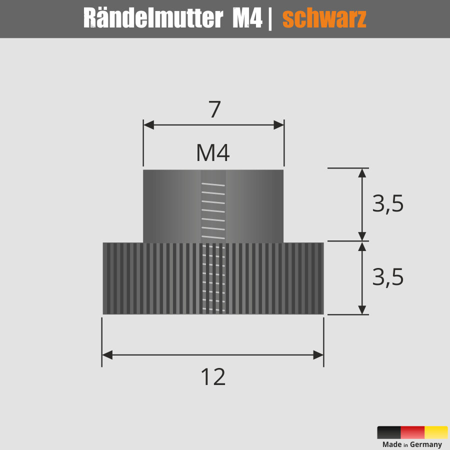 Kleine Rändelmutter Ø12 mm Gewinde M4 Schraube für Saugnäpfe | Skizze mit Bemaßung
