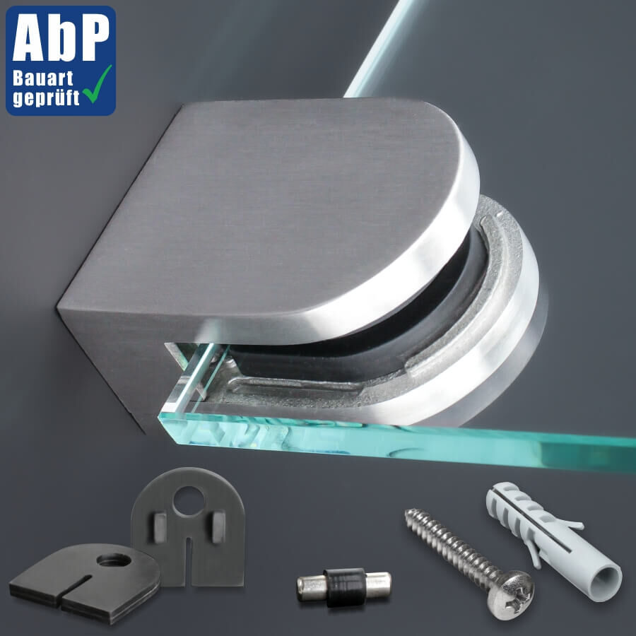 Glashalter mit Sicherungsstift V2A 63x45mm mit Zubehör an dunkler Wand montiert