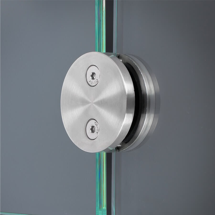 Glashalter Edelstahl rund Ø60mm beidseitig front Wandmontage montiert an dunkler Wand