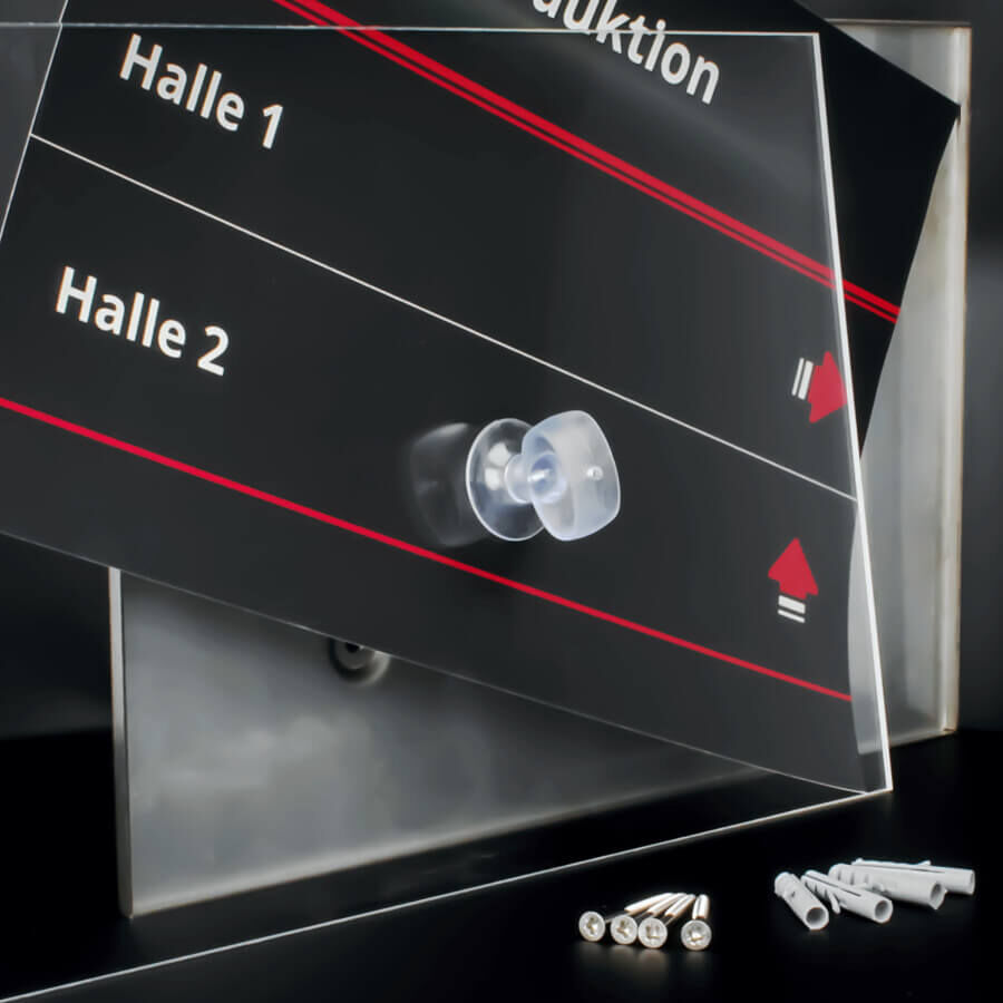 Edelstahl Türschild DIN A4 mit Plexigalsscheibe und Zubehör auf schwarzen Untergrund