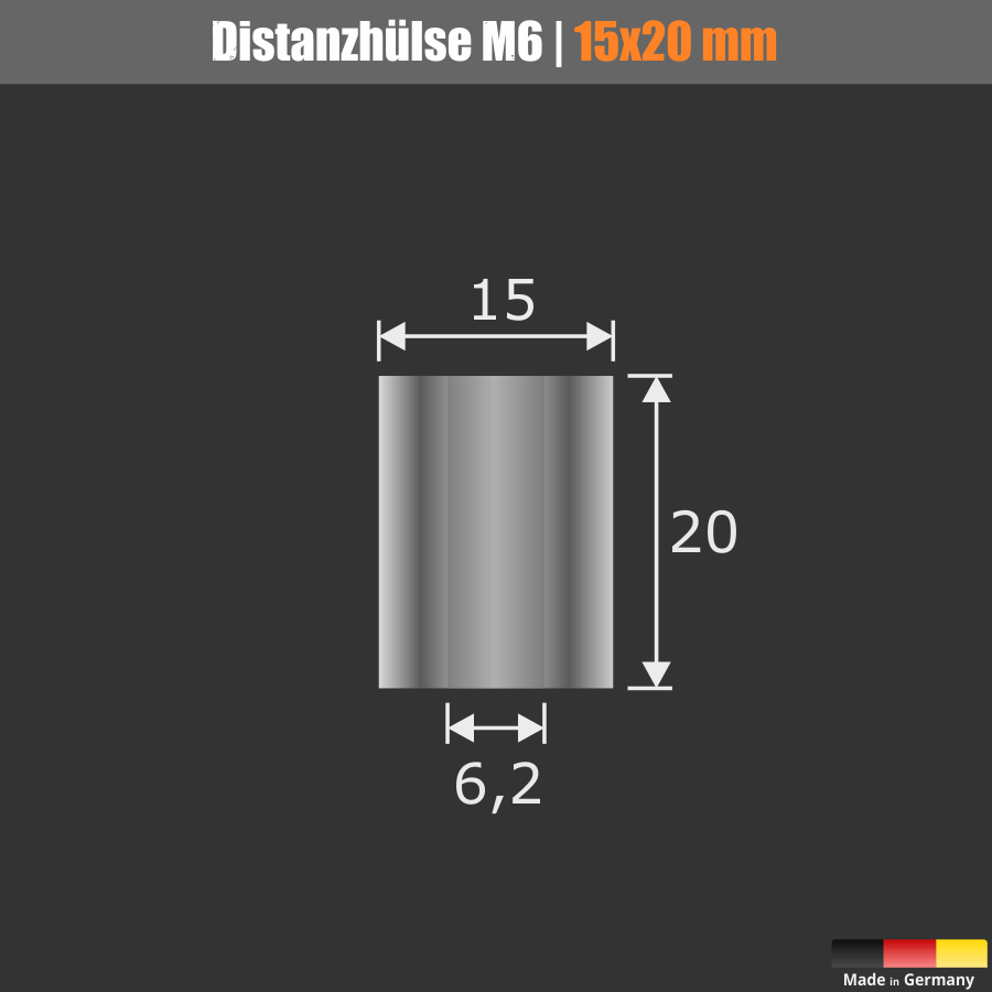 Distanzring Abstandshülse Edelstahl Ø15x20mm Skizze mit Maße auf schwarzem Untergrund