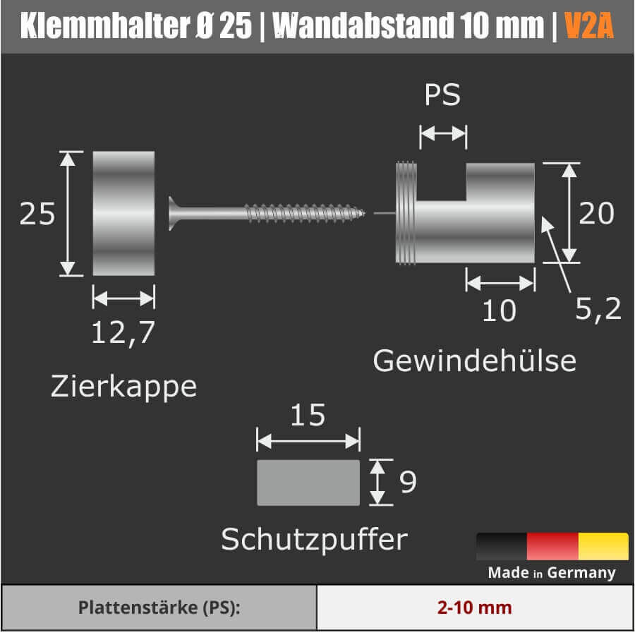 Klemmhalter Spiegel Glas aus Edelstahl Skizze mit Bemaßung