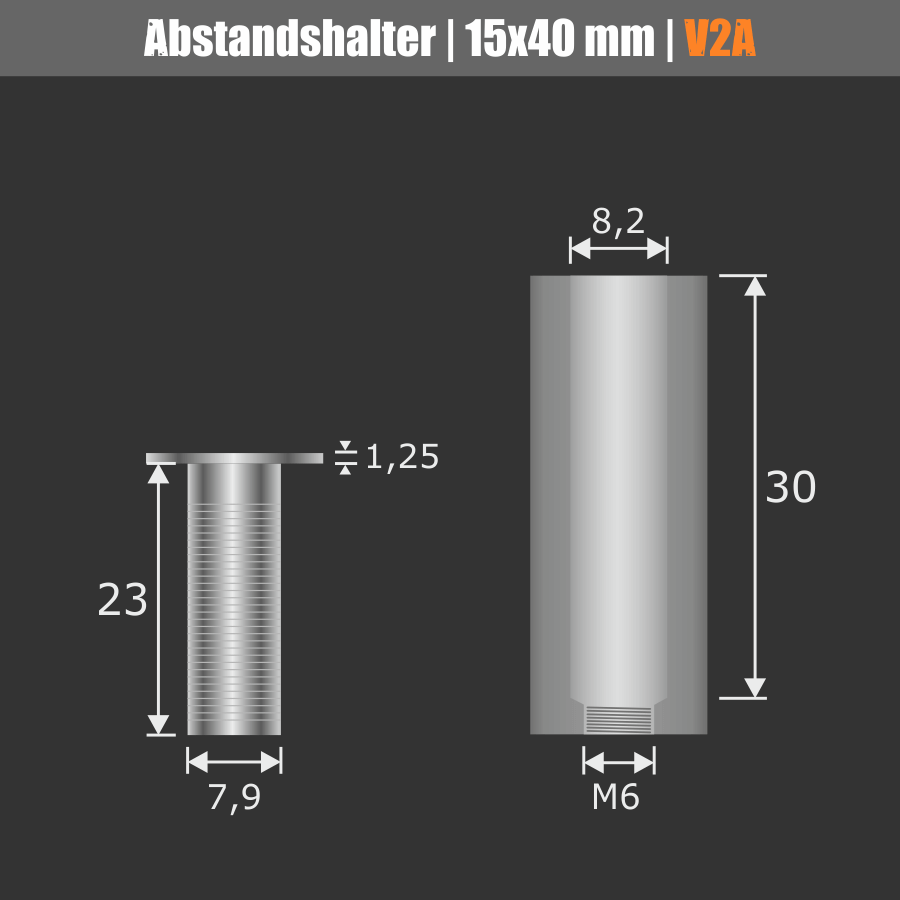 Abstandshalter Edelstahl Ø 15mm Skizze des Kopfes und der Wandhülse mit Maßen auf dunklem Hintergrund