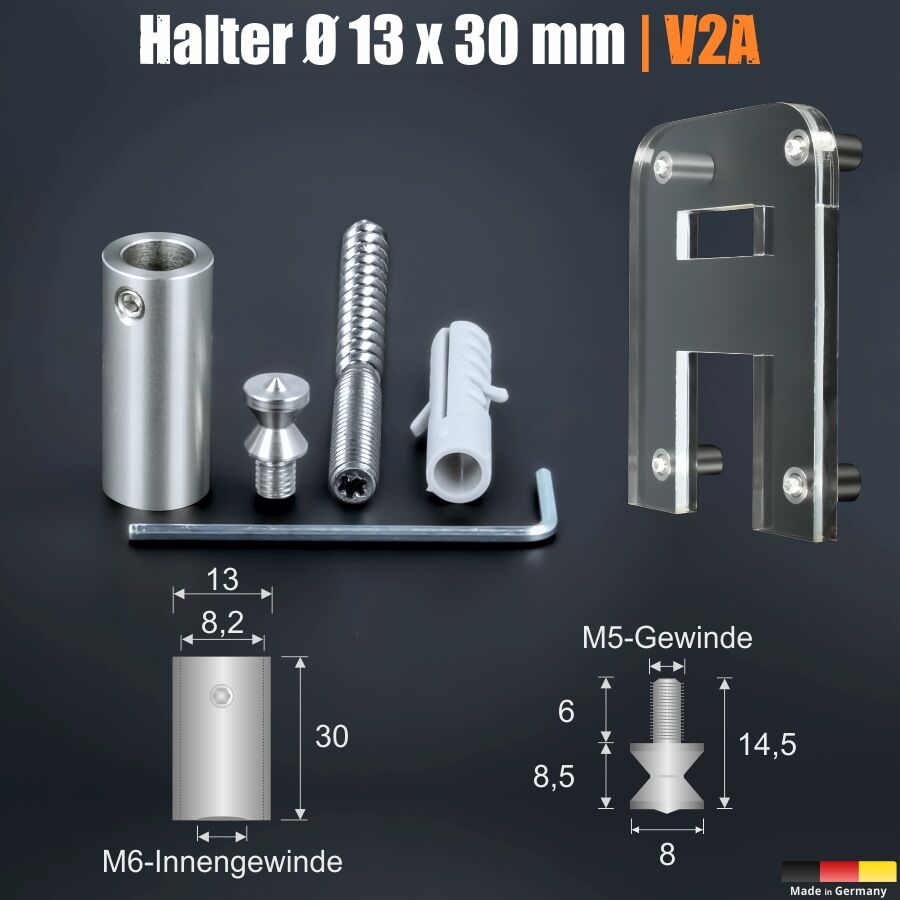 Distanzhalter verdeckte Montage Ø13x30mm Übersicht mit Skizzen