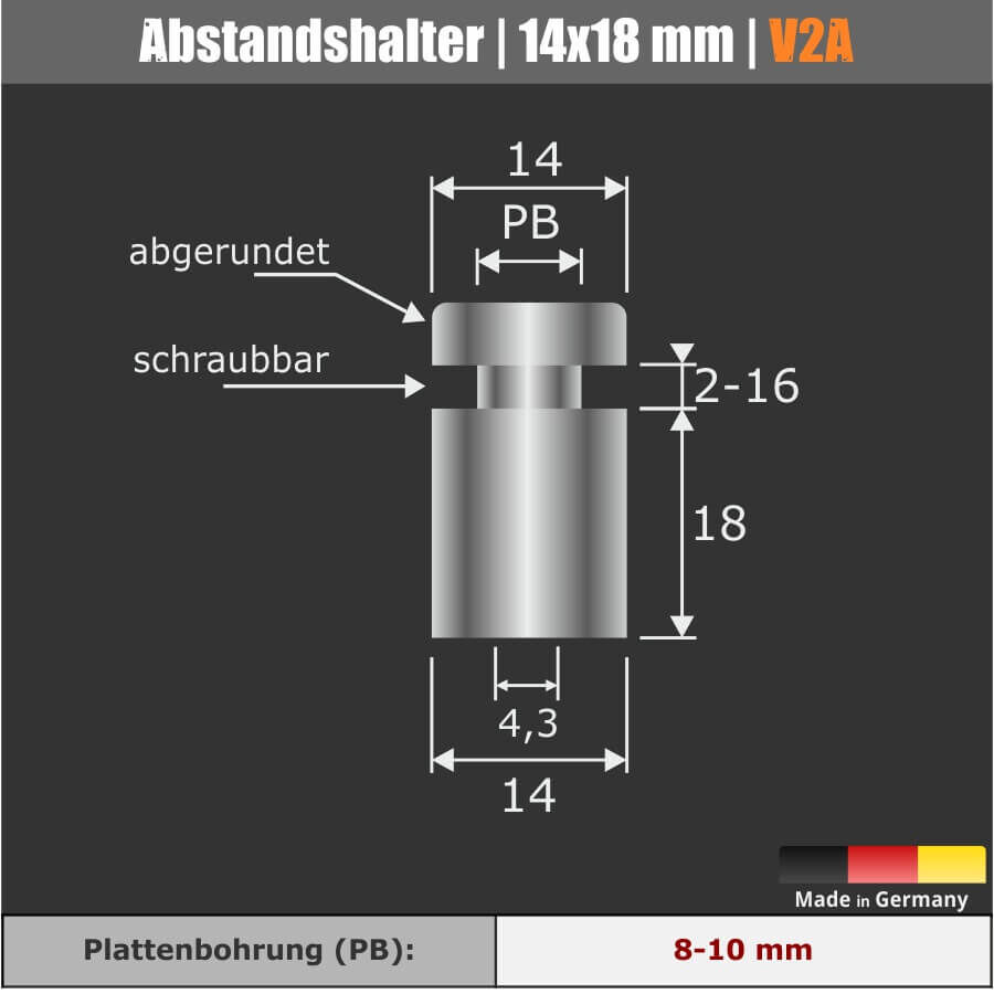 Abstandshalter V2A vormontierbar schraubbar Bemaßungen auf schwarzem Untergrund