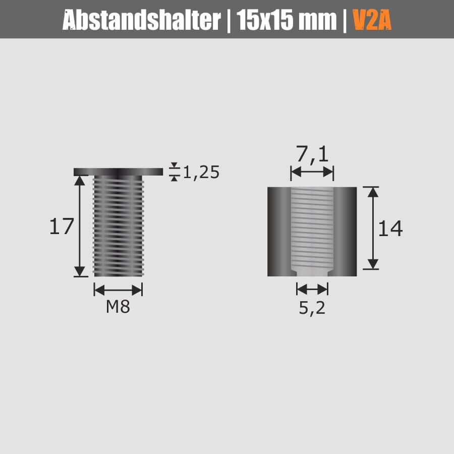 Abstandshalter schraubbar Edelstahl V2A Ø15mm Skizze der einzelnen Bauelemente auf hellem Hintergrund