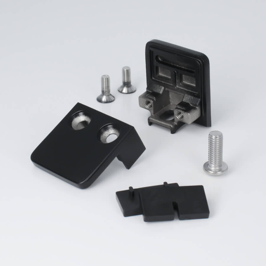 Glasklemmhalter Edelstahl eckig 45 x 45 mm schwarz RAL9005 Lieferumfang auf hellen Untergrund