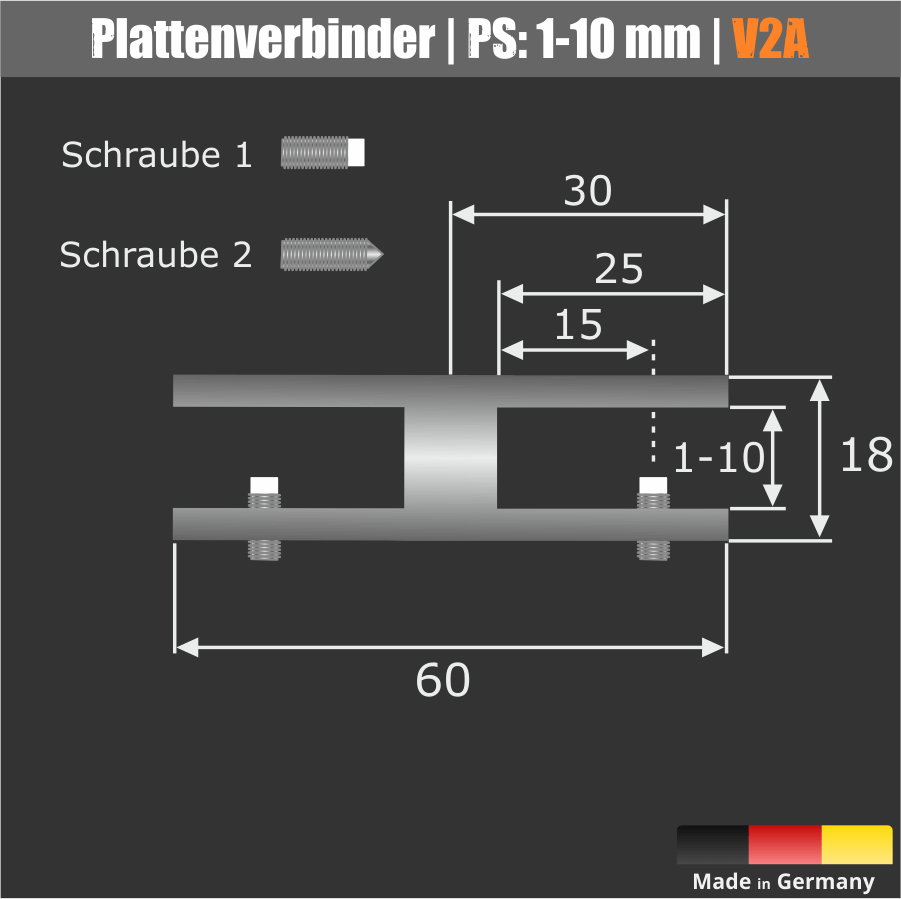 Plattenverbinder Glasverbinder Edelstahl Skizze mit Maßen