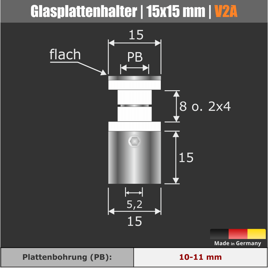 Glasplatten-Halter Edelstahl Skizze mit Maßen auf dunklem Hintergrund