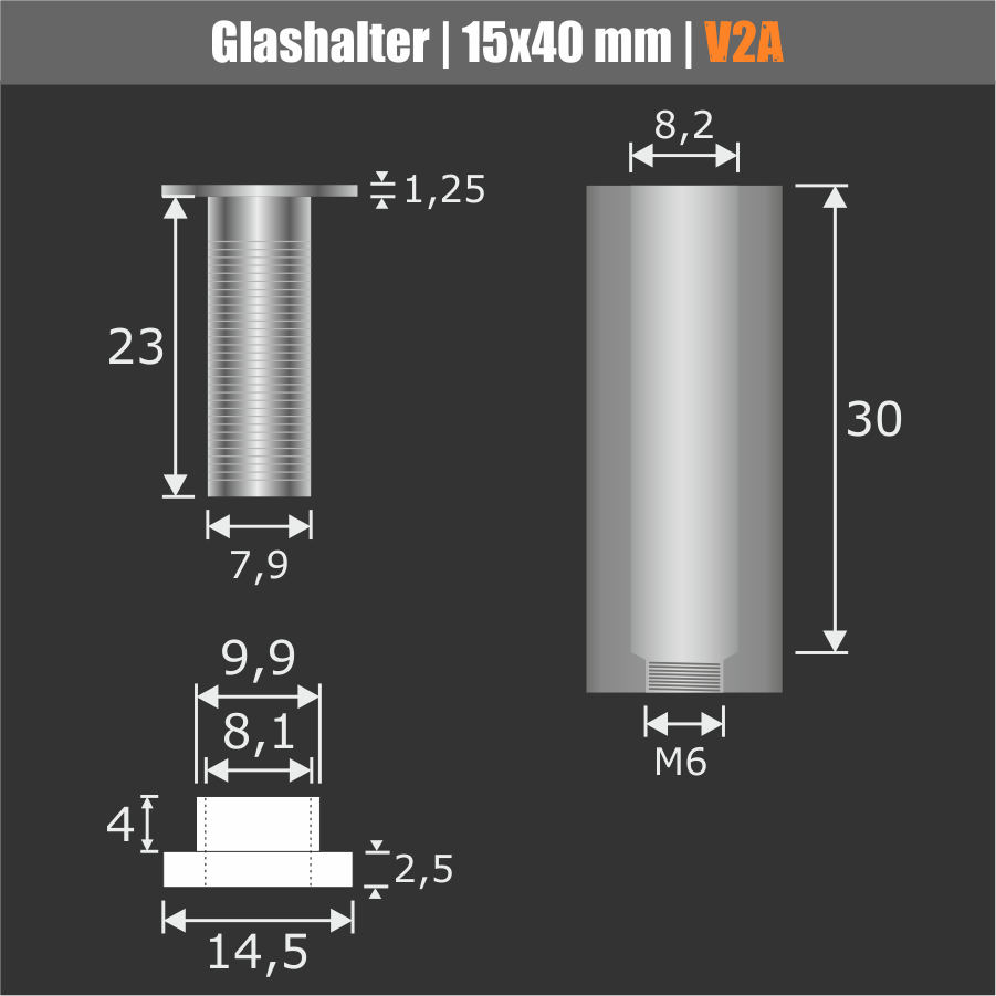 Glashalter lang Edelstahl 15x40 mm Skizzen