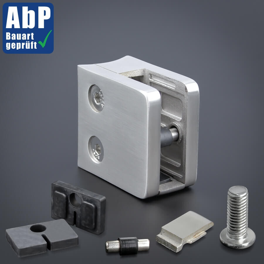Glashalter Klemmhalter mit Sicherung 45x45mm stehend mit Zubehör auf dunklem Untergrund