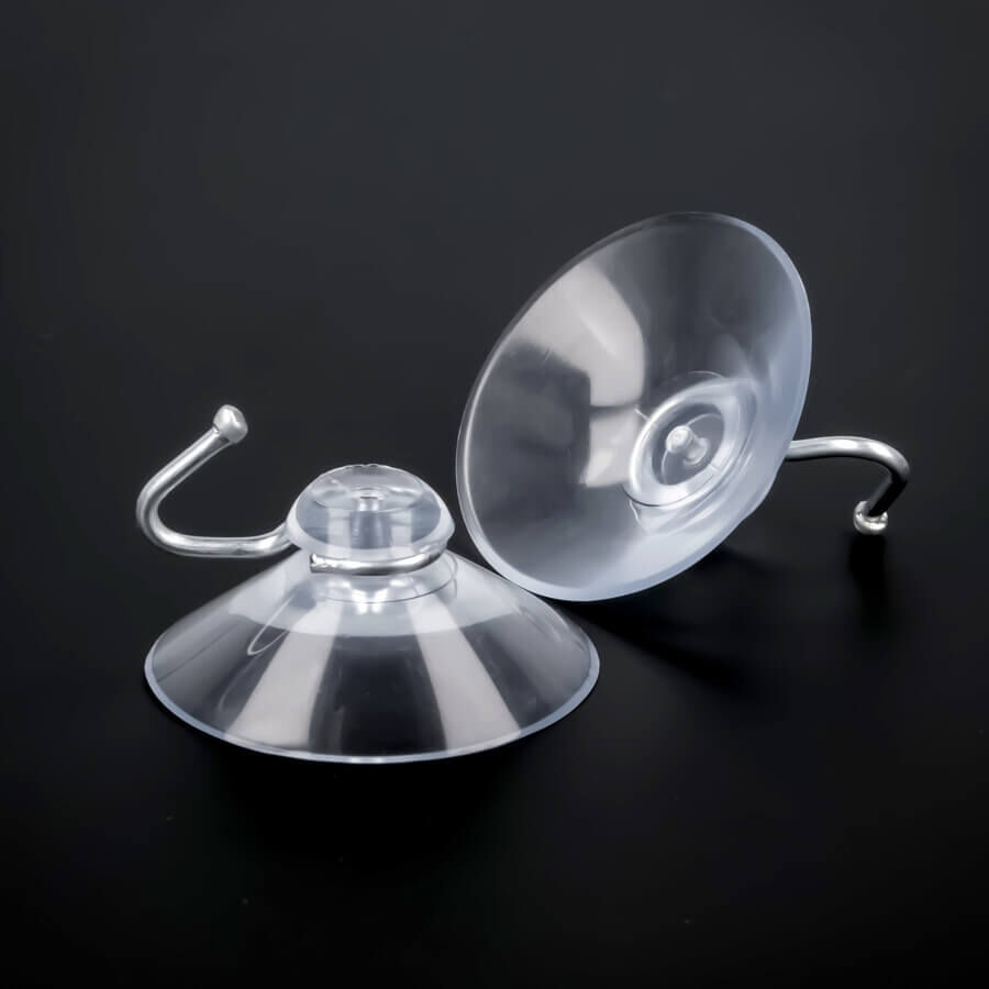 Saughaken Saugnapf Ø 40 mm mit Haken | Saugnäpfe | Metallhaken liegend und stehend auf dunklem Untergrund
