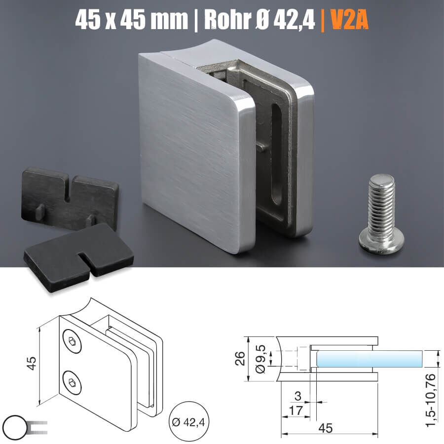 Edelstahl-Halter für Glas eckig mit Bemaßungen auf dunklem Untergrund