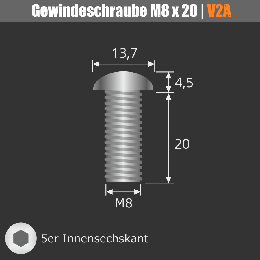 Halbrundschraube Edelstahl A2 M8 x 20 Vollgewinde | Flachrundkopf  liegend auf dunklem Untergrund