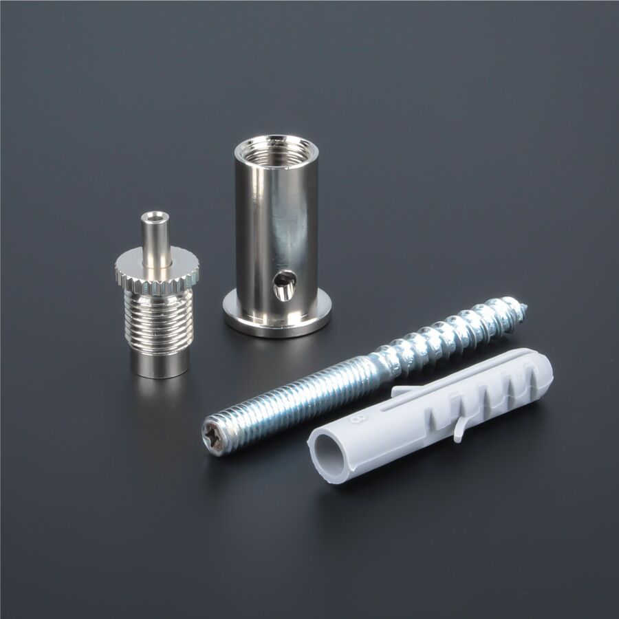 Decken-Drahtseilhalter Messing vern. Ø16mm Stockschraube Lieferumfang auf dunklem Untergrund