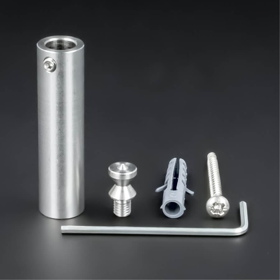 Schriften-Befestigung + Gewinde Edelstahl Ø 13x50mm Lieferumfang auf dunklem Untergrund