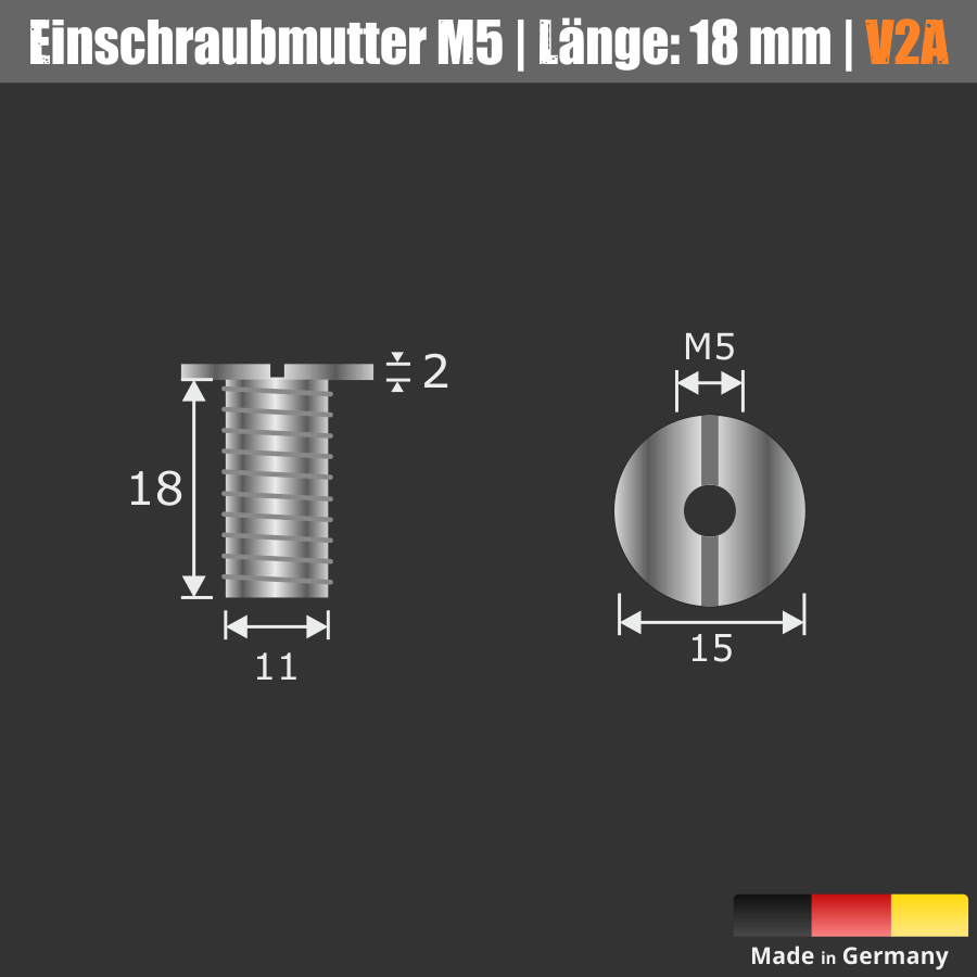Einschraubmutter Edelstahl M5 Skizze mit Abmessungen auf schwarzem Untergrund