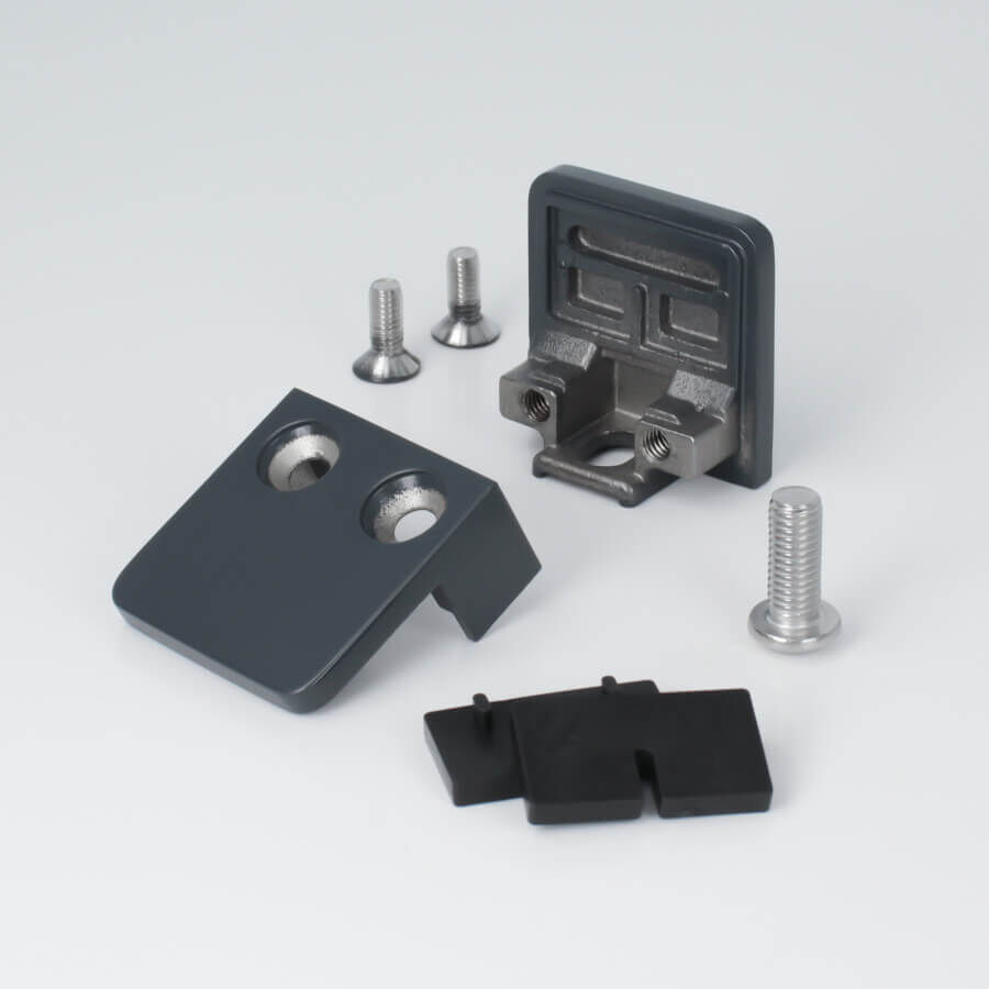 Glasklemmhalter Edelstahl eckig 45 x 45 mm anthrazit RAL7016 Lieferumfang auf hellen Untergrund