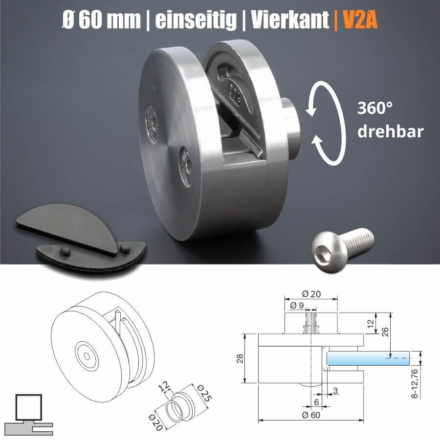 Glashalter Edelstahl rund Ø60mm einseitig Frontmontage flach Skizze mit Abmessungen