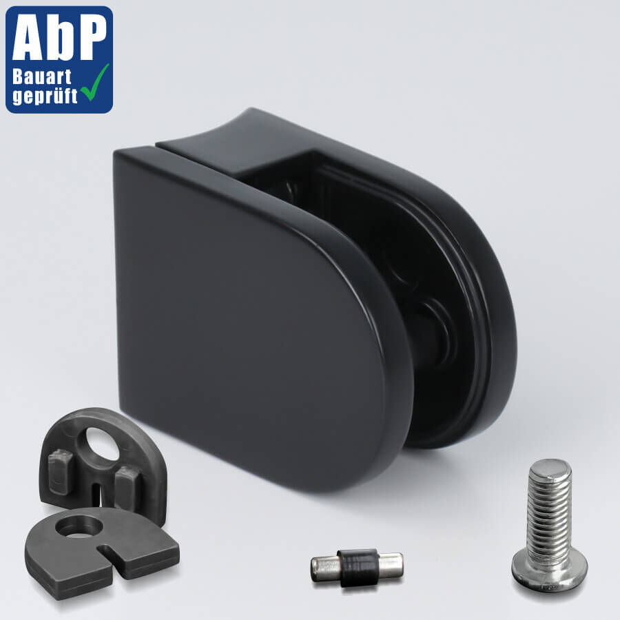 Glashalter Edelstahl V2A 50 x 40 mm schwarz RAL9005 halbrund auf hellen Untergrund mit Zubehör