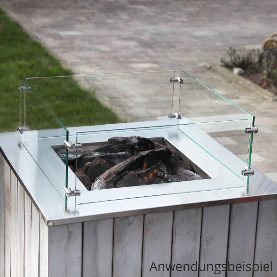 Eckverbinder 90-180 Grad Edelstahl Plattenverbinder Anwendungsbeispiel Verbindung von vier Glasplatten an einer Feuerstelle