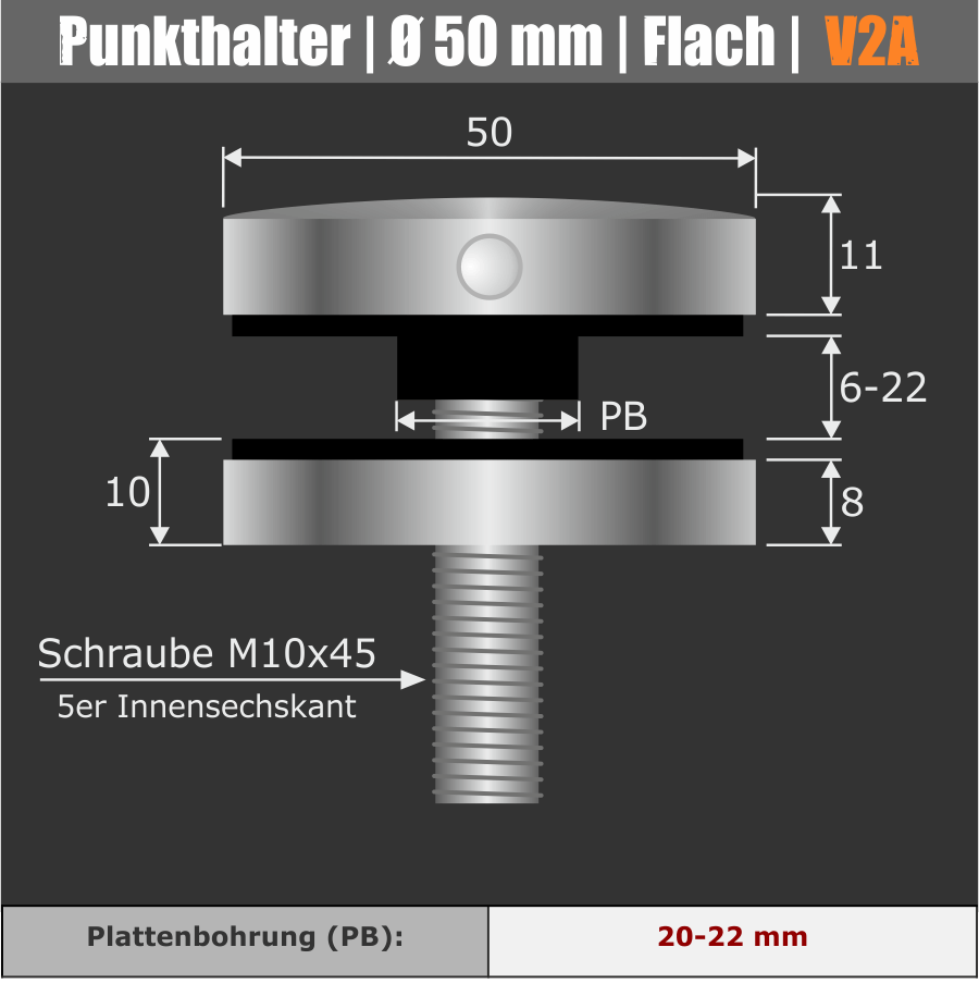Punkthalter Edelstahl Ø50 mm Pfostenmontage Skizze auf dunklem Untergrund