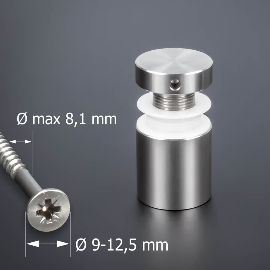 Glasplattenhalter für große Schrauben Ø 25x25 mm stehend mit einer Schraube daneben auf grauem untergrund