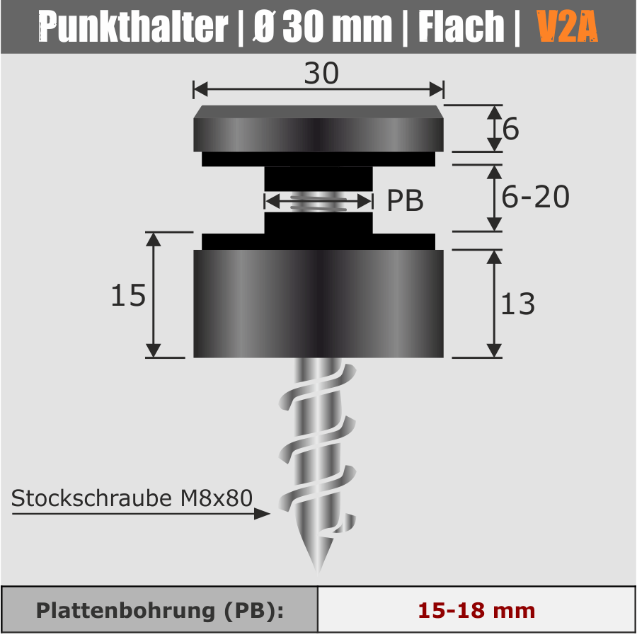Glaspunkthalter V2A Ø30 mm schwarz Skizze mit Maße