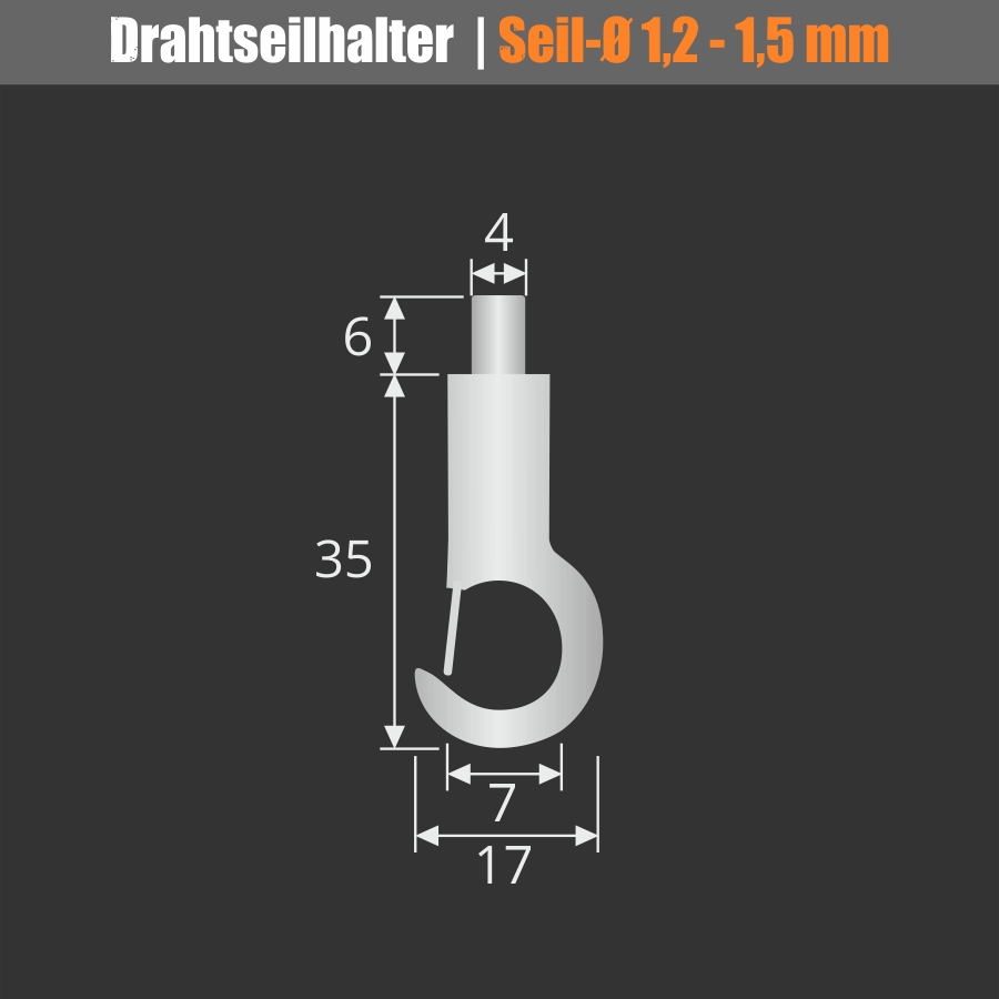 Drahtseilhalter Haken vernickelt mit Aushänge-Sicherung Skizze mit Maße
