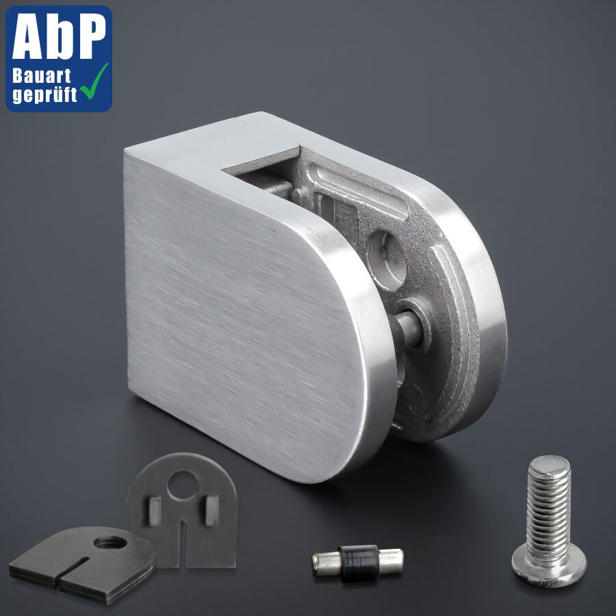 Glashalter mit Sicherungsstift V2A 63x45mm mit Zubehör AbP auf dunklem Untergrund