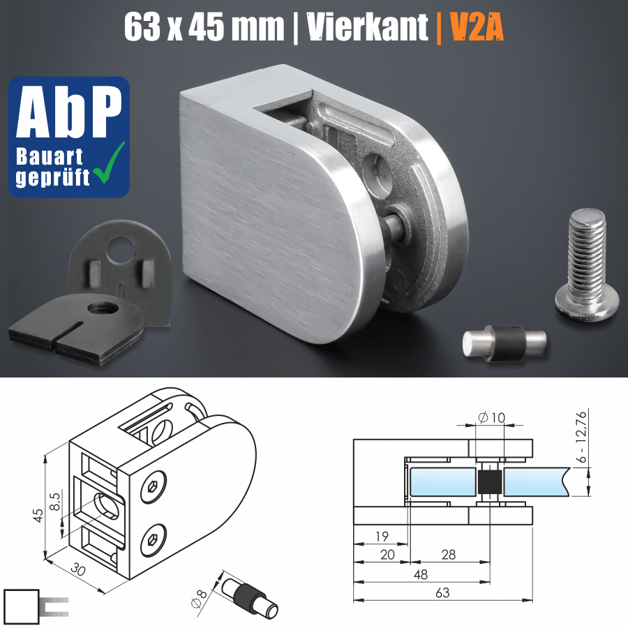 Glashalter mit Sicherungsstift V2A 63x45mm Skizze mit Maße
