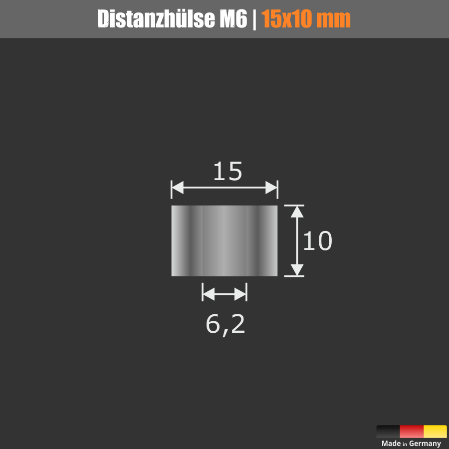 Schilderbefestigung Edelstahl V2A Ø 15x10mm Distanzhülse Abmessungen auf schwarzem Untergrund