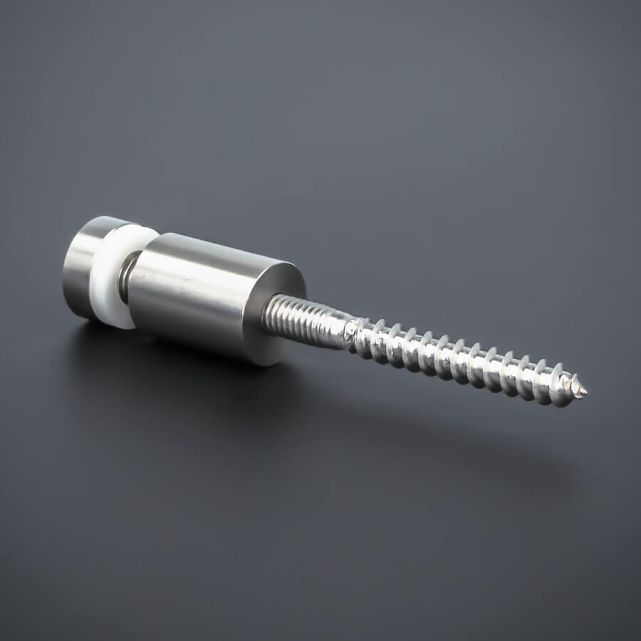 Wandhalter schraubbar V2A Ø15 mm liegend auf dunklem Untergrund mit Stockschraube im boden