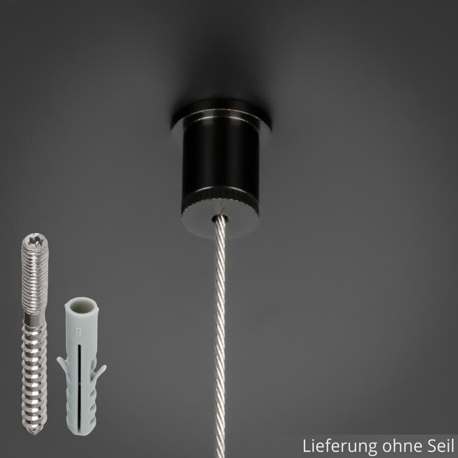 Deckenbefestigung Seil für Kugelseil 1,5-2mm | schwarz | Stockschraube montiert an dunkler Decke