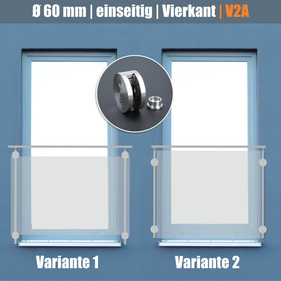 Glashalter Edelstahl rund Ø60mm einseitig Frontmontage flach Anwendungsbeispiel an Fassade