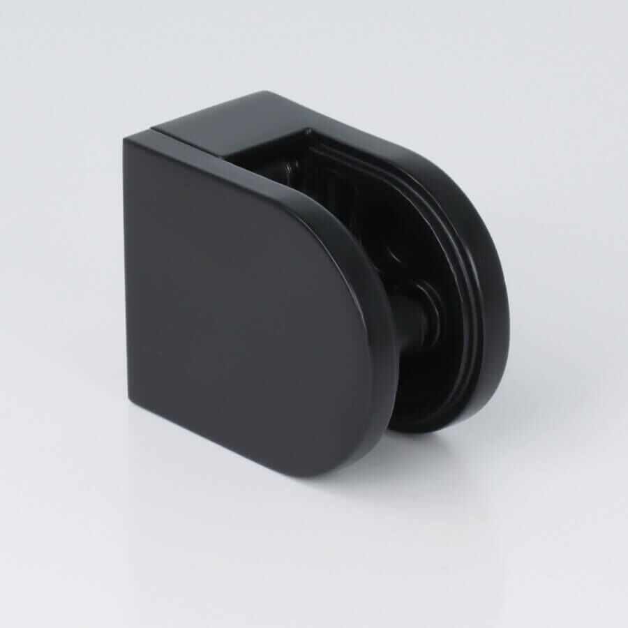 Glashalter Edelstahl V2A 50 x 40 mm schwarz RAL9005 halbrund auf hellen Untergrund