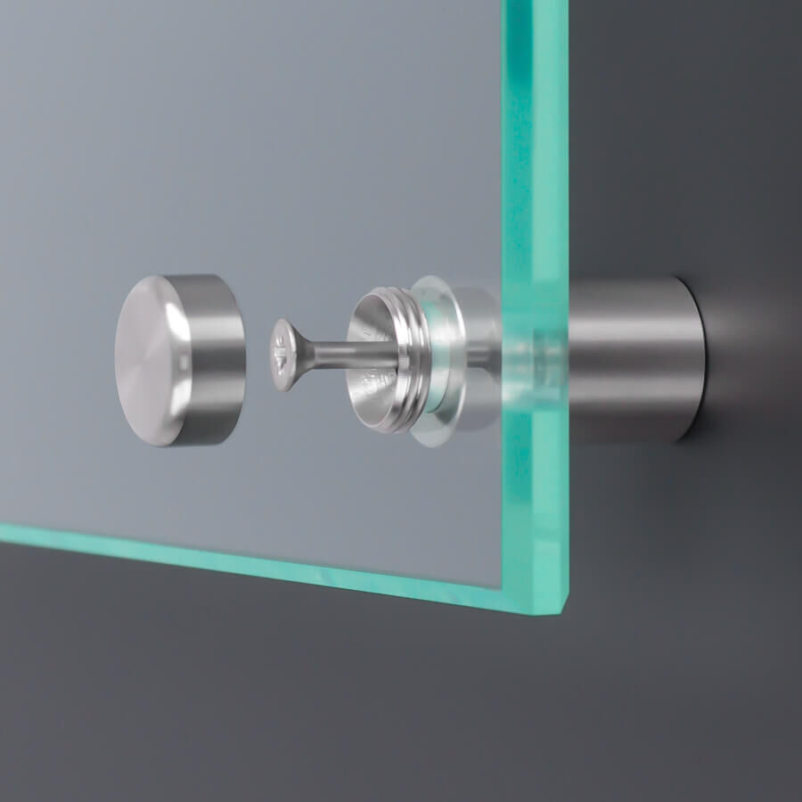 Abstandshalter V2A vormontierbar schraubbar montiert an dunkler Wand