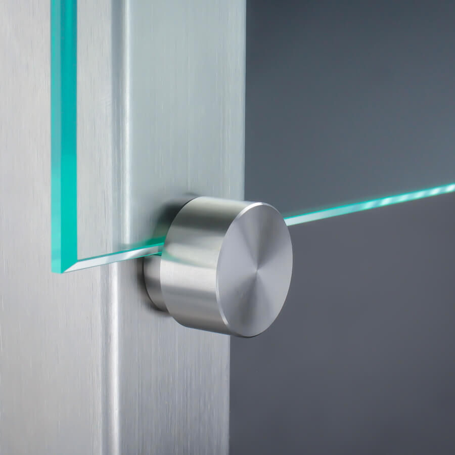 Glashalter Klemmhalter Edelstahl Ø25mm für schwere Platten mit Glasplatte an Pfosten montiert