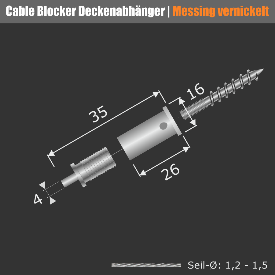 Decken-Drahtseilhalter Messing vern. Ø16mm Stockschraube Skizze mit Maße auf schwarzem Hintergrund