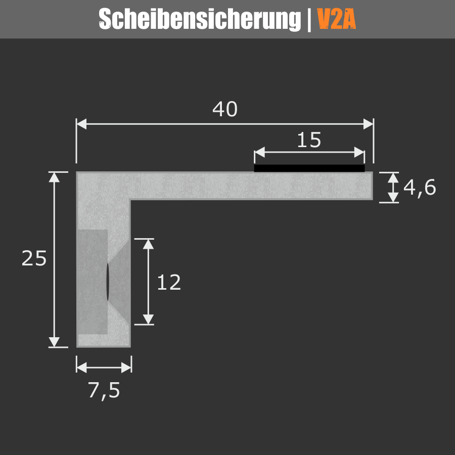 Absturzsicherung Scheiben Glashalter Edelstahl Bemaßung auf schwarzen Untergrund