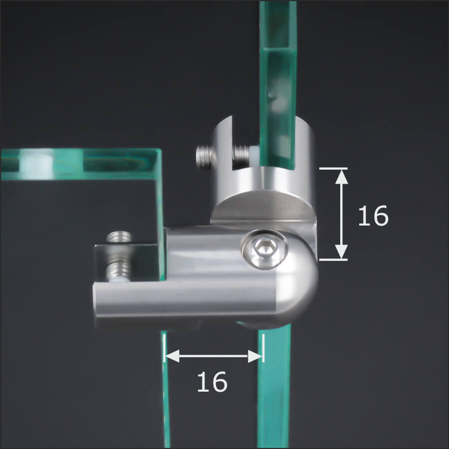 Eckverbinder 90-180 Grad Edelstahl Plattenverbinder mit zwei geklemmten Platten und Bemaßung vor schwarzen Hintergrund